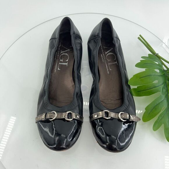 AGL Women Monika Ballet Flat Size 43.5 13.5 Black Leather Shoe Cap Toe Italy - Picture 1 of 13